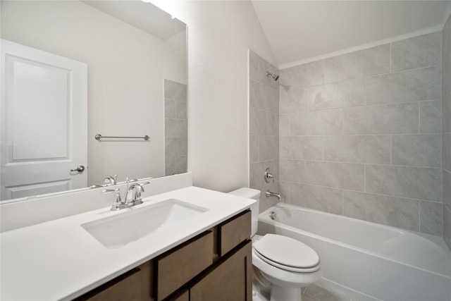 bathroom featuring shower / tub combination, vanity, and toilet