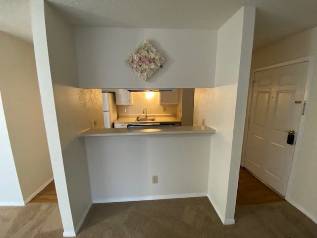 kitchen with carpet flooring, sink, and white fridge