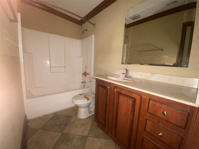 full bathroom featuring washtub / shower combination, crown molding, vanity, and toilet