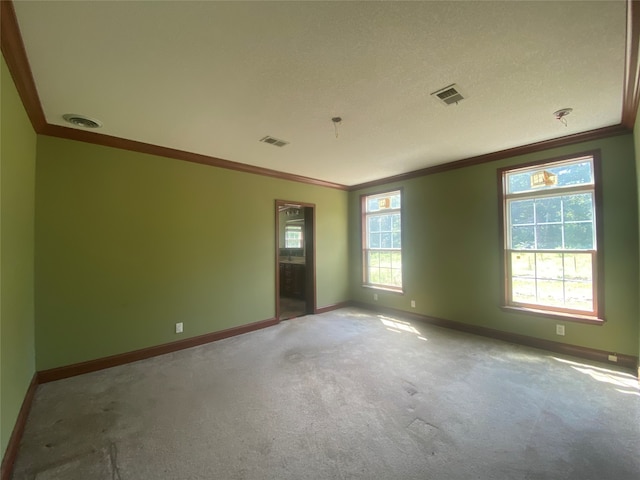 unfurnished room with a textured ceiling, crown molding, and carpet flooring