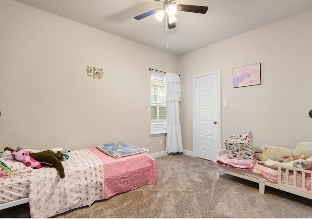 bedroom featuring ceiling fan and carpet flooring