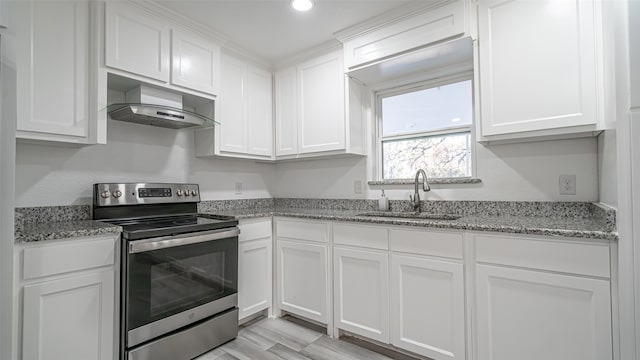 kitchen featuring white cabinetry, electric stove, light stone counters, sink, and extractor fan