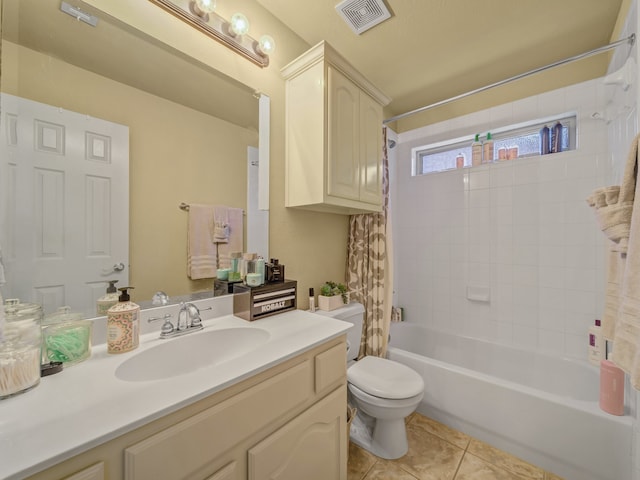 full bathroom with shower / bathtub combination with curtain, tile patterned floors, vanity, and toilet