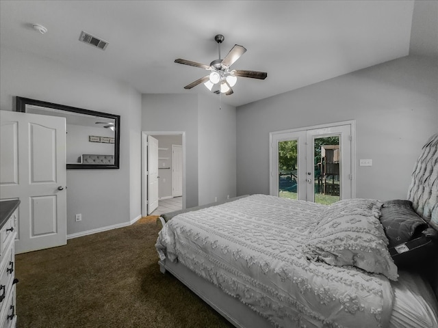 carpeted bedroom with ceiling fan, french doors, and access to exterior