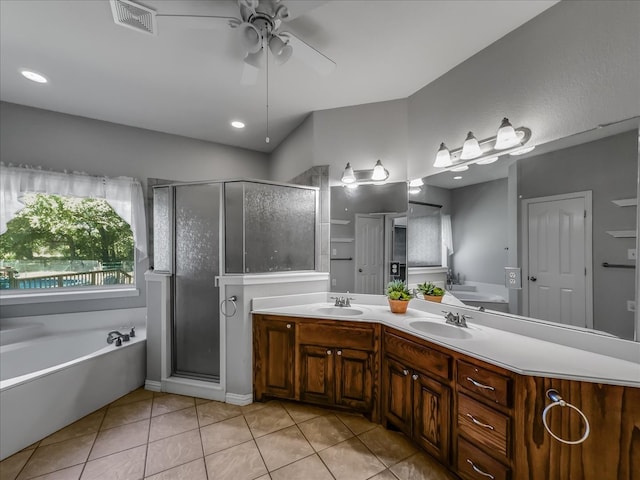 bathroom with ceiling fan, vanity, shower with separate bathtub, and tile patterned flooring