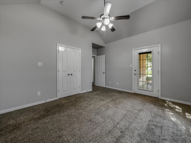 unfurnished bedroom featuring vaulted ceiling, ceiling fan, and carpet floors