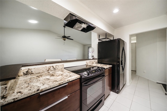 kitchen with light tile patterned floors, ceiling fan, a textured ceiling, light stone counters, and black appliances