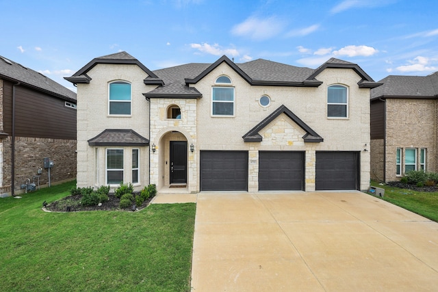 french country style house with a garage and a front lawn