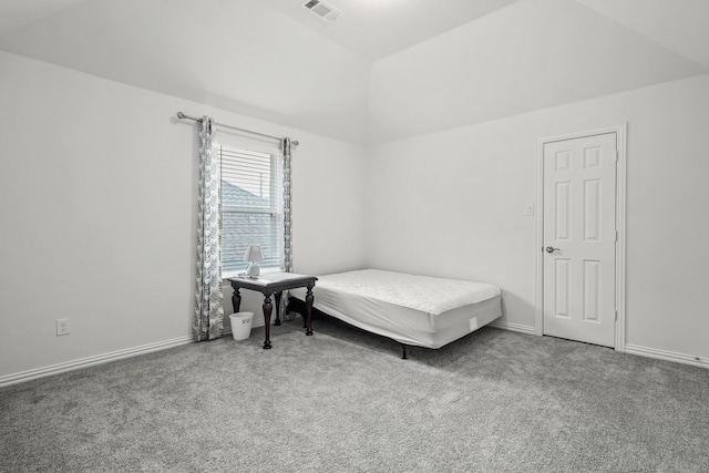 bedroom with lofted ceiling and carpet floors