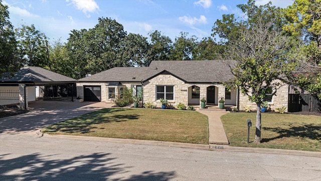 french country style house featuring a front lawn, a garage, and a carport