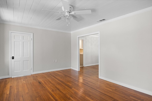 spare room featuring wood ceiling, crown molding, ceiling fan, and dark wood-type flooring