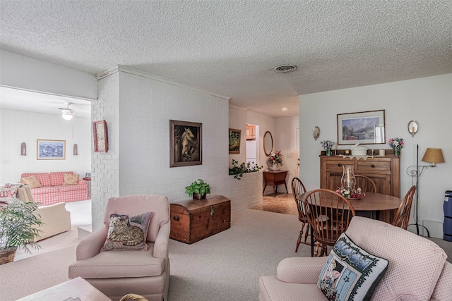 carpeted living room with a textured ceiling