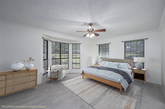 1498 Riley Rd, Whitesboro, TX 76273 - bedroom with carpet flooring, ornamental molding, a textured ceiling, ceiling fan, and baseboards