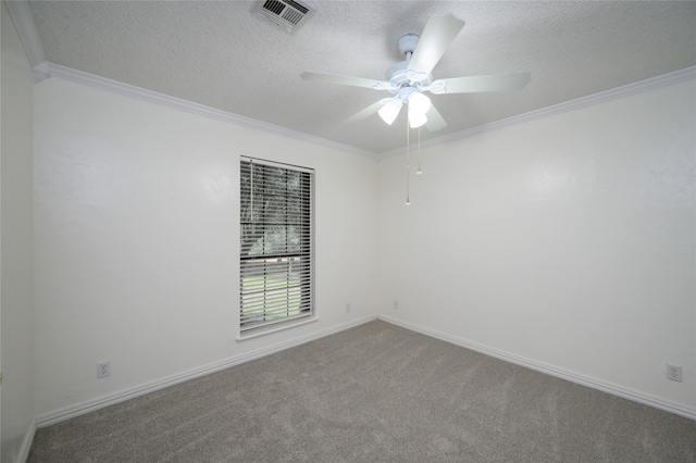 unfurnished room with carpet floors, a textured ceiling, crown molding, and ceiling fan