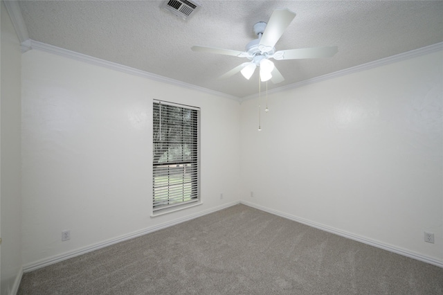 1498 Riley Rd, Whitesboro, TX 76273 - carpeted empty room with a textured ceiling, crown molding, a ceiling fan, and baseboards