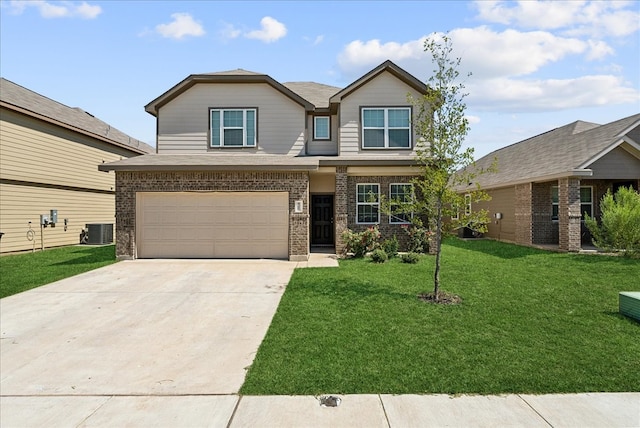 view of front of home featuring a front yard, a garage, and central air condition unit