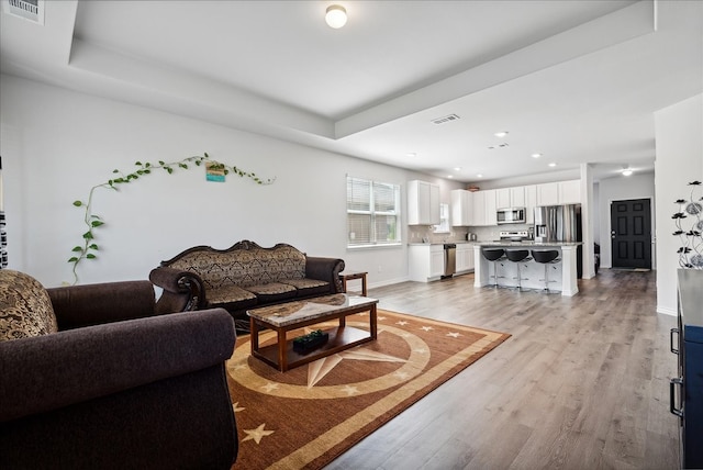 living room featuring light wood-type flooring and a raised ceiling