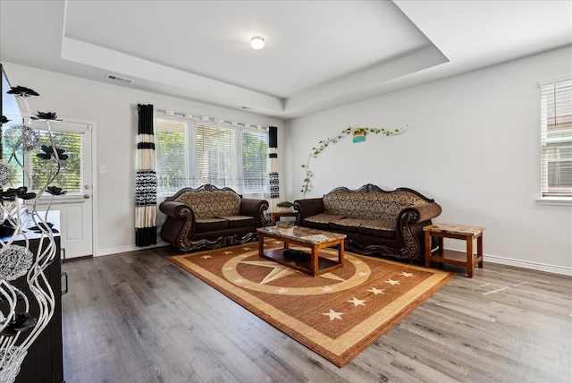 living room with hardwood / wood-style flooring, a raised ceiling, and plenty of natural light