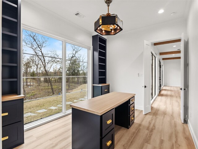 interior space with crown molding and light hardwood / wood-style flooring