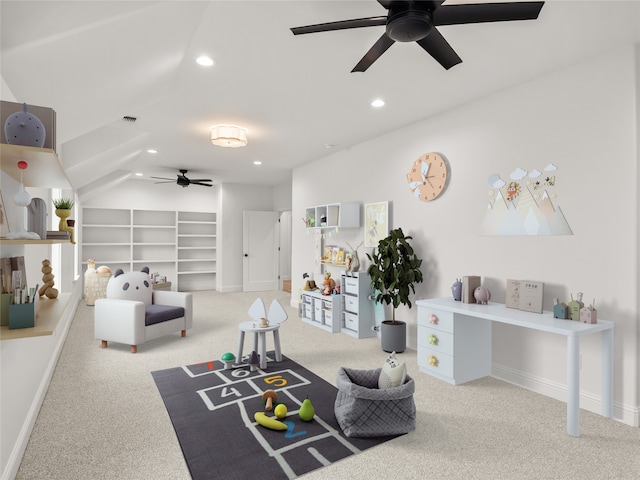 game room featuring carpet, built in features, ceiling fan, and lofted ceiling