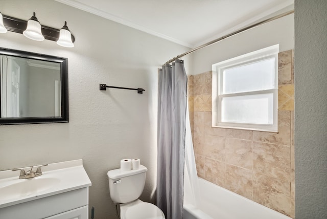 full bathroom featuring ornamental molding, vanity, shower / tub combo, and toilet