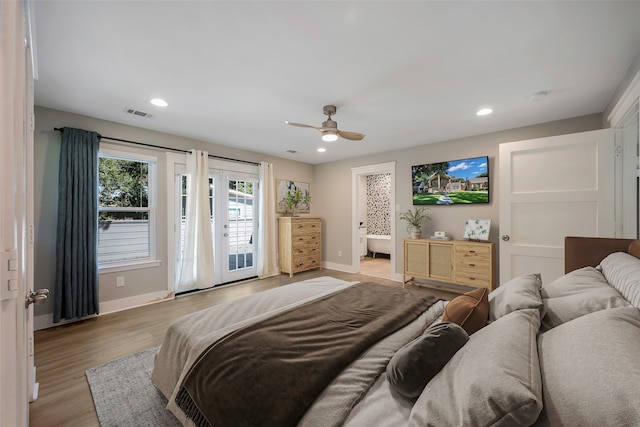 bedroom with ceiling fan, light wood-type flooring, and access to outside