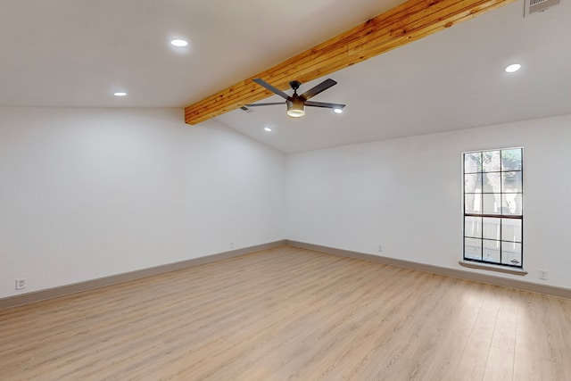 unfurnished room with light hardwood / wood-style flooring, vaulted ceiling with beams, and ceiling fan