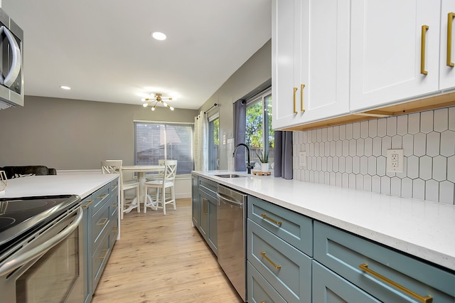 kitchen featuring light hardwood / wood-style floors, sink, white cabinetry, stainless steel appliances, and backsplash