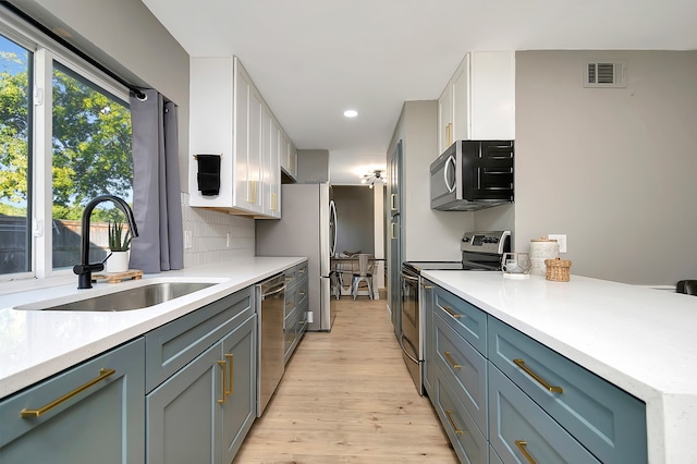 kitchen with light hardwood / wood-style floors, tasteful backsplash, white cabinets, stainless steel appliances, and sink