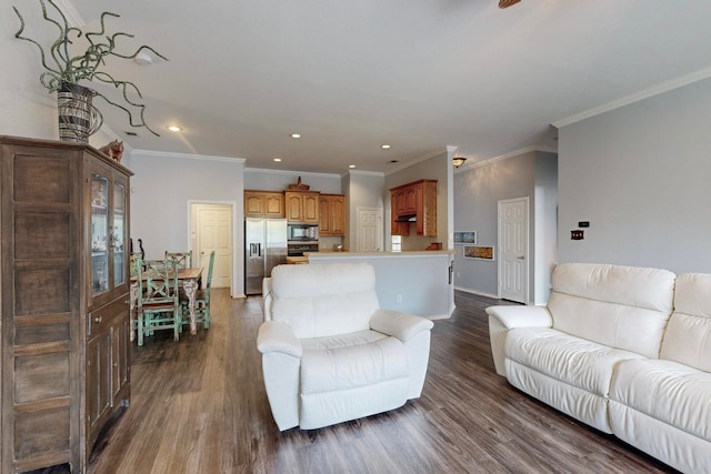 living room with dark hardwood / wood-style floors and ornamental molding