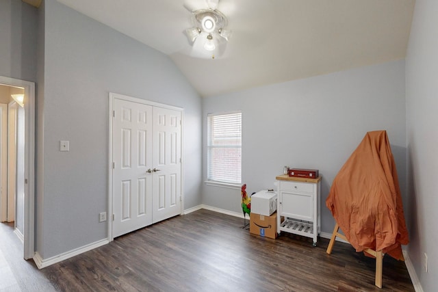 interior space featuring dark wood-type flooring, vaulted ceiling, and ceiling fan