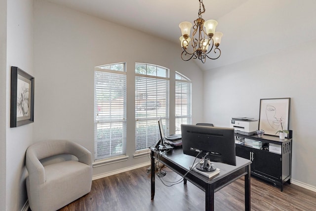 office area featuring lofted ceiling, a chandelier, and dark hardwood / wood-style flooring