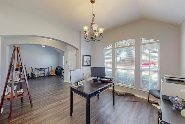 office area with vaulted ceiling, a chandelier, and dark hardwood / wood-style flooring