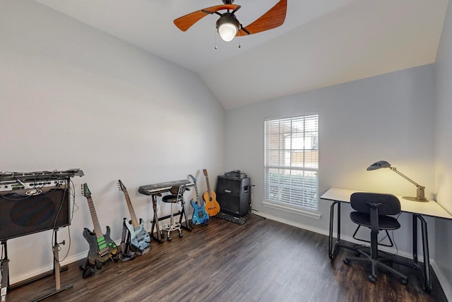 office area featuring ceiling fan, vaulted ceiling, and dark hardwood / wood-style floors