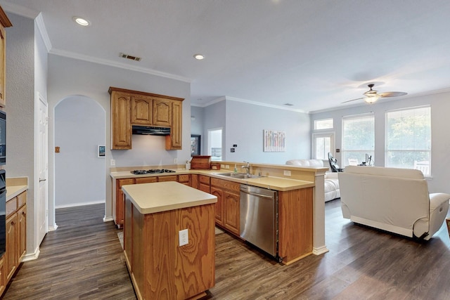 kitchen featuring ceiling fan, sink, stainless steel dishwasher, a center island, and dark hardwood / wood-style flooring