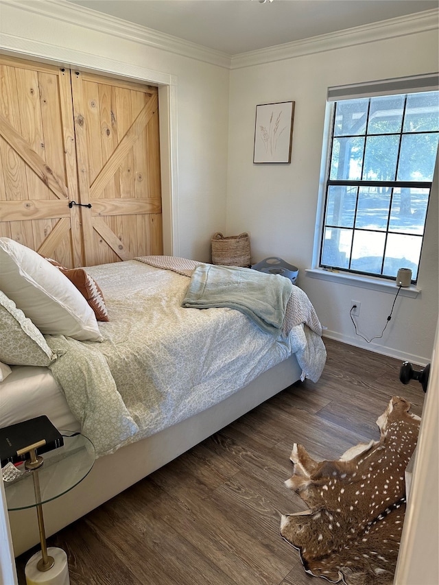 bedroom with crown molding and dark hardwood / wood-style flooring