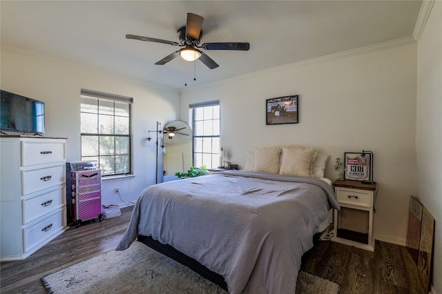 bedroom with multiple windows, crown molding, ceiling fan, and dark hardwood / wood-style flooring