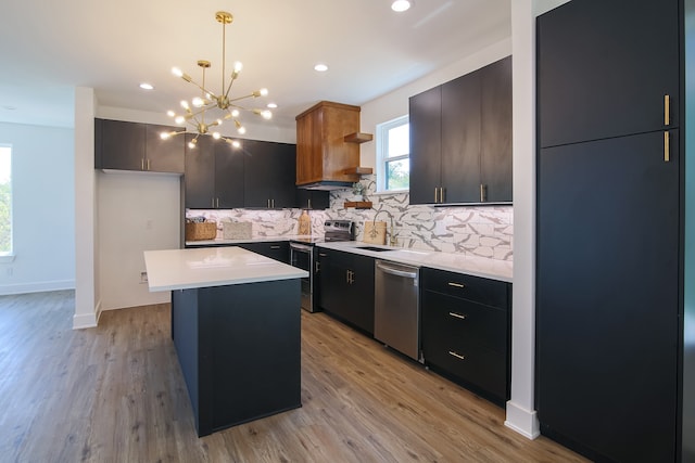 kitchen with decorative backsplash, appliances with stainless steel finishes, pendant lighting, a center island, and light hardwood / wood-style floors