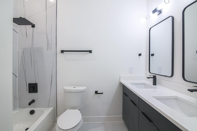 3143 Mcdermott Ave, Dallas, TX 75215 - bathroom featuring toilet, double vanity, baseboards, and washtub / shower combination