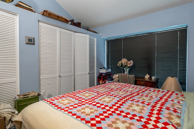 bedroom with lofted ceiling and a closet