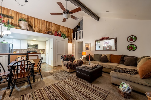 living room featuring beamed ceiling, ceiling fan, light colored carpet, and high vaulted ceiling