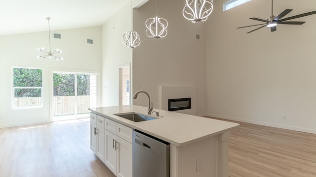 kitchen featuring light hardwood / wood-style floors, sink, white cabinetry, high vaulted ceiling, and stainless steel dishwasher