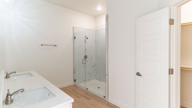 bathroom with walk in shower, vanity, and hardwood / wood-style flooring