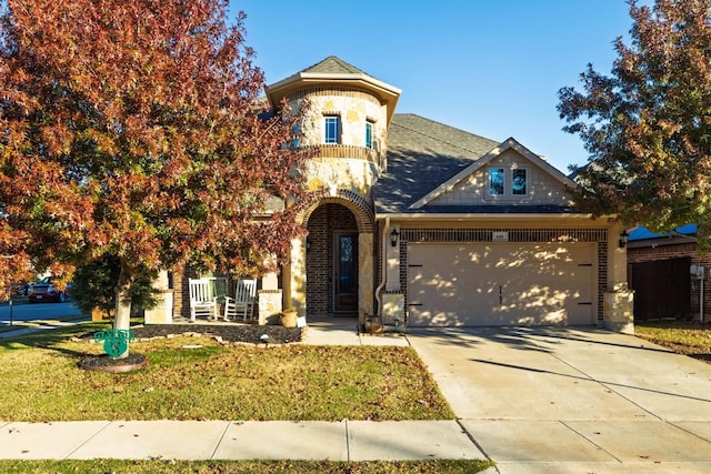 view of front facade with a garage and a front lawn