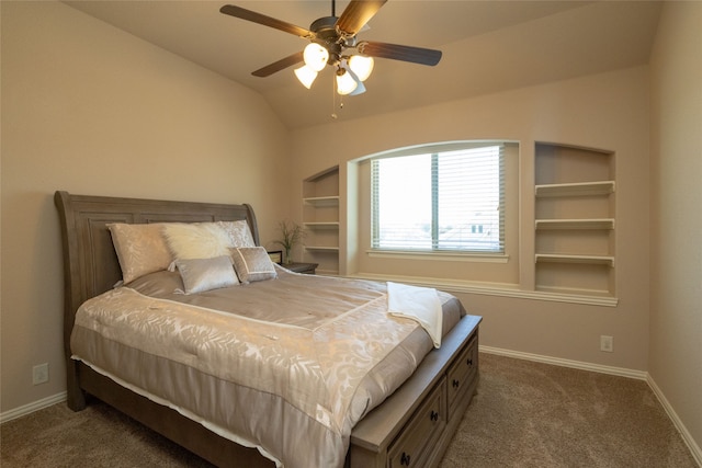 carpeted bedroom featuring ceiling fan and lofted ceiling