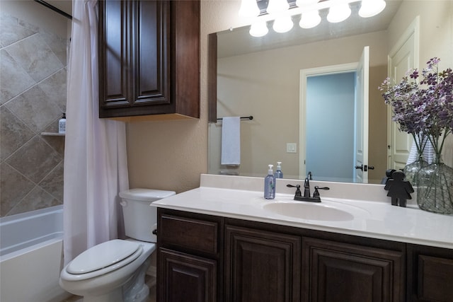 full bathroom featuring vanity, shower / bath combination with curtain, and toilet