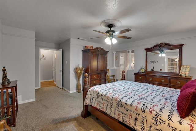 bedroom featuring ceiling fan and light colored carpet