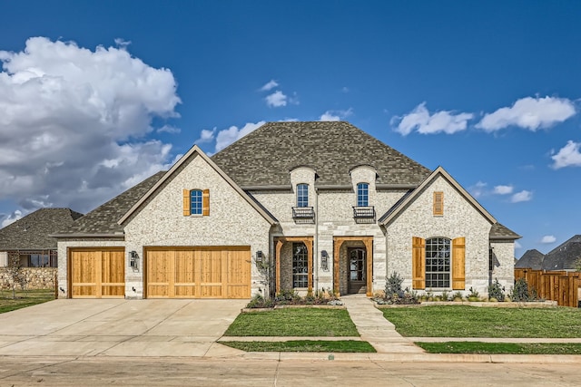 french country style house with a front yard and a garage