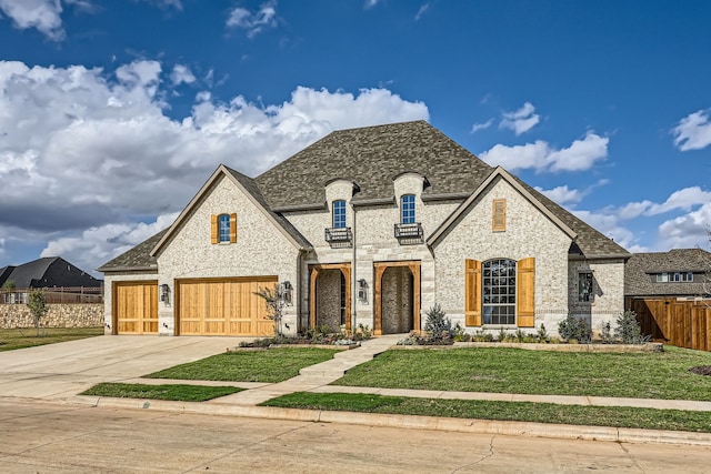 french country style house with a front lawn and a garage