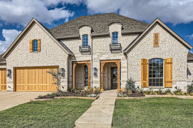 french country inspired facade featuring a front lawn and a garage